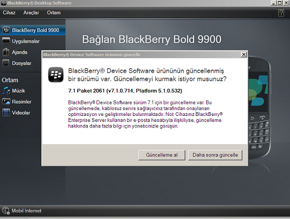 blackberry 9900 yazılım güncelleme