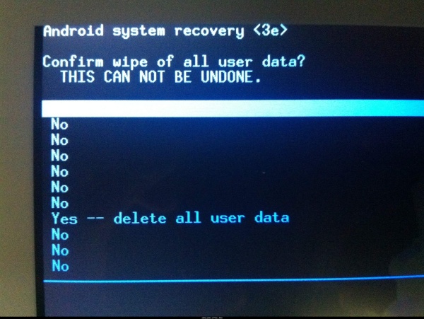 Confirm wipe of all data. Yes -- delete all user data.